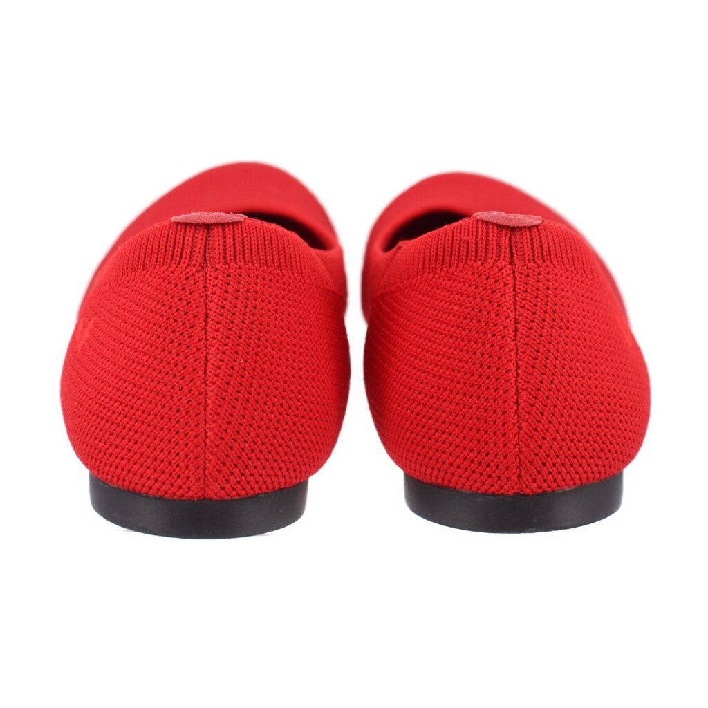 Red flats heel view with seam detailing and black outsole edge
