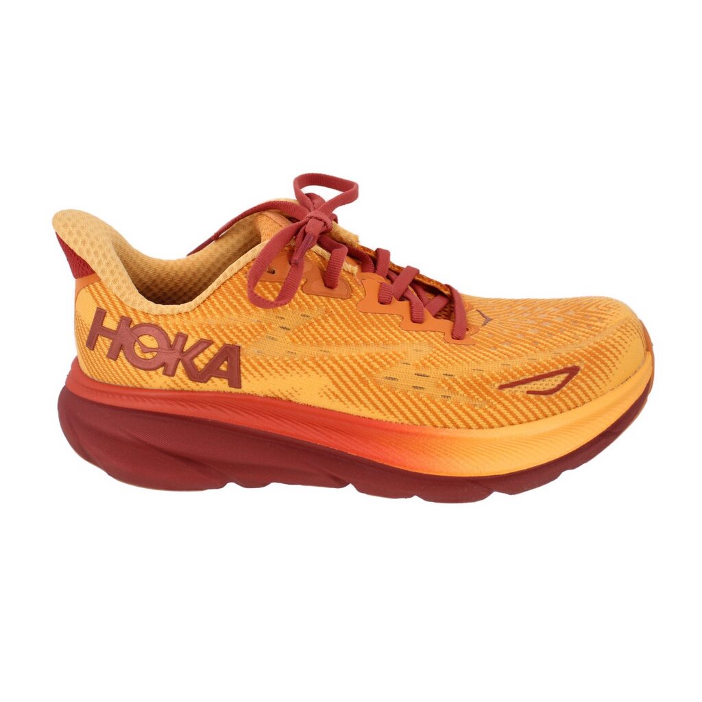Orange mesh running sneaker with HOKA logo and maroon sole
