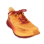 Orange mesh running sneaker with maroon laces and toe overlay