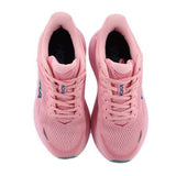 Pair of pink mesh lace-up sneakers viewed from front with laces and tongue