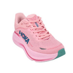Pink mesh lace-up running sneakers with HOKA logo and cushioned sole