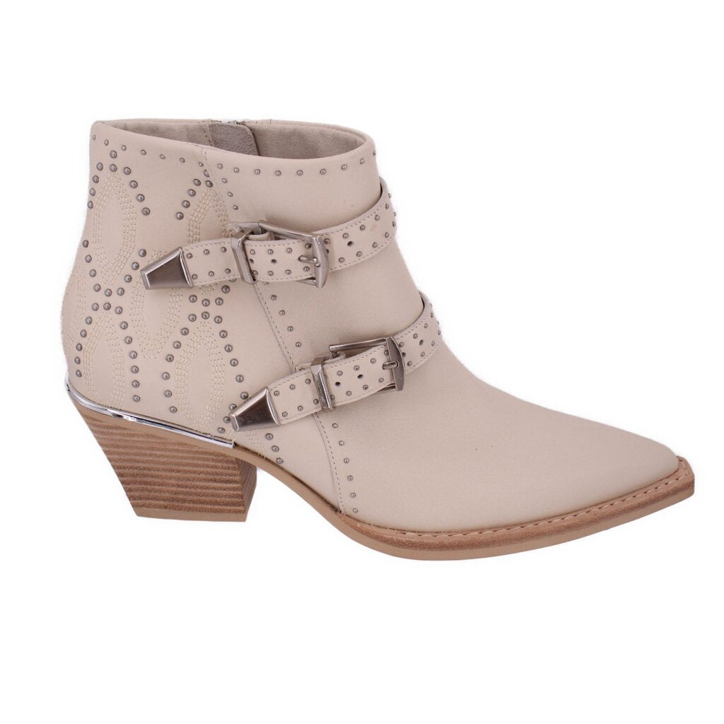 Cream studded ankle boot with double buckle straps and block heel