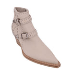 Cream studded ankle boot with two buckle straps and side zipper