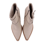 Cream studded ankle boot pair, front view with side zip and pointed toe
