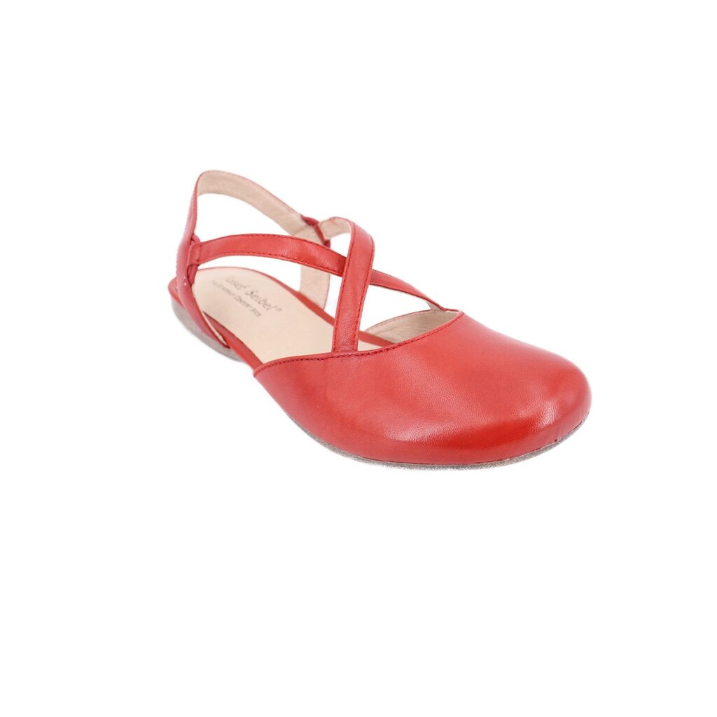 Red leather flats with crisscross ankle straps and low sole