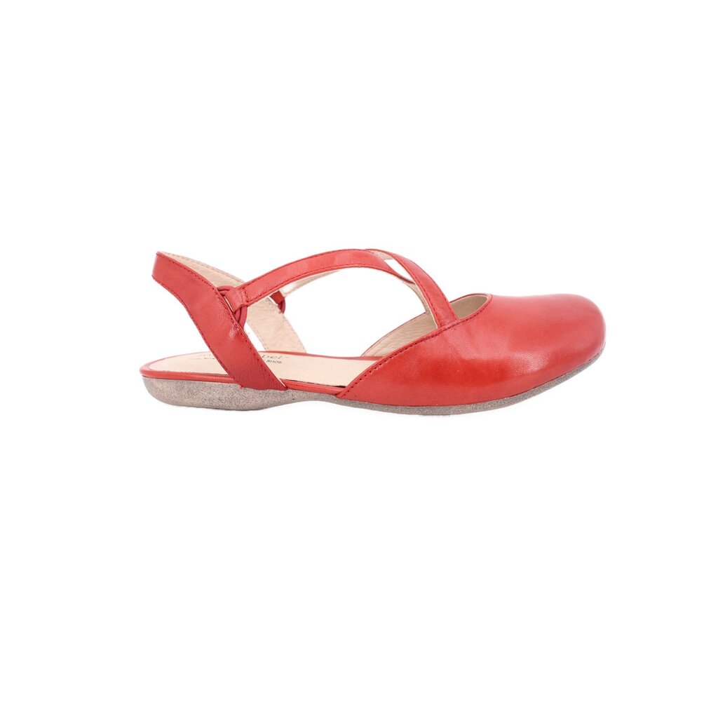 Red leather flats with open toe and slingback strap
