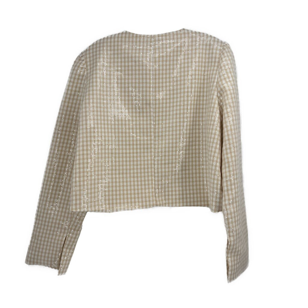 Cream sequin jacket with check pattern, long sleeves, back view