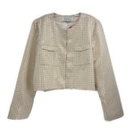 Cream sequin jacket with check pattern, button front and two chest pockets