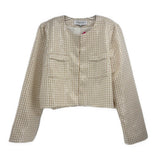 Cream sequin jacket with check pattern, button front and two chest pockets