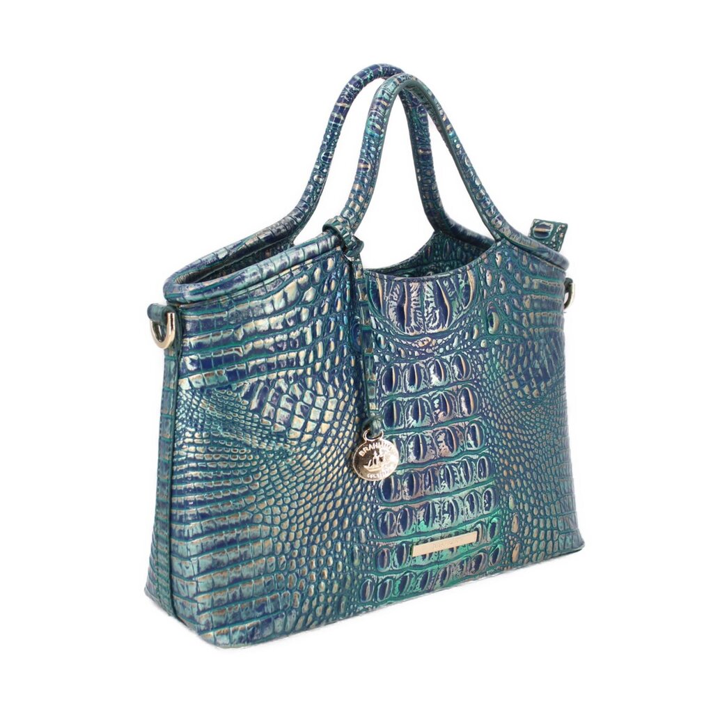 Blue embossed leather satchel with top handles and side hardware