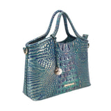 Blue embossed leather satchel with top handles and side hardware