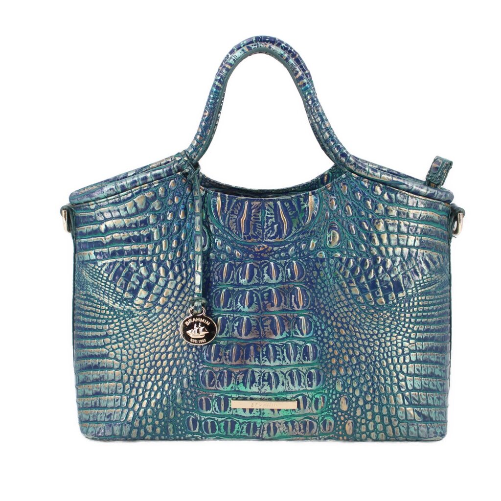 Blue embossed leather satchel with top handles and front tab detail