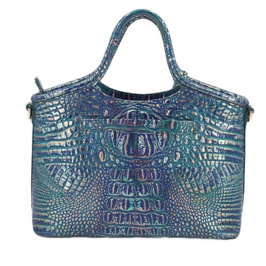 Blue embossed leather satchel with top handles, emblem patch, and snap closure