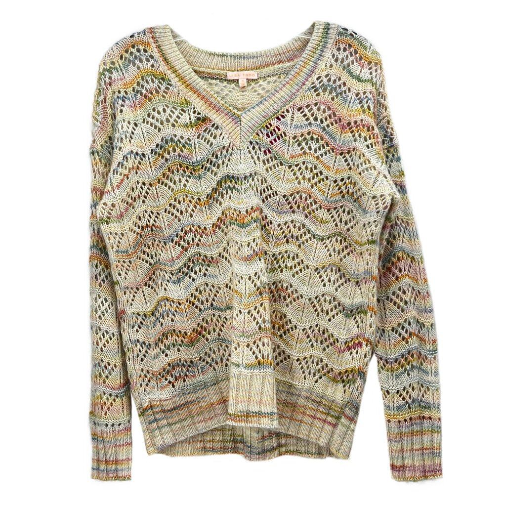 Cream crochet sweater with multicolor wavy knit, ribbed V-neck and long sleeves