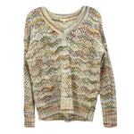 Cream crochet sweater with multicolor wavy knit, ribbed V-neck and long sleeves