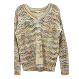 Cream crochet sweater with multicolor wavy knit, ribbed V-neck and long sleeves