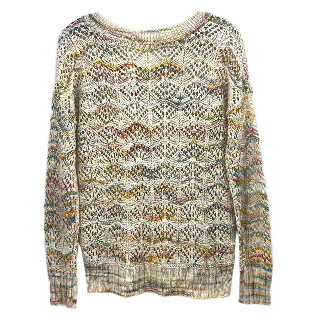 Cream crochet sweater with multicolor wave pattern, ribbed round neckline and cuffs