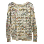 Cream crochet sweater with multicolor wave pattern, ribbed round neckline and cuffs