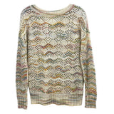 Cream crochet sweater with multicolor wave pattern, ribbed round neckline and cuffs