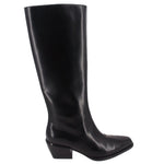 Black tall boots with rounded toe and short block heel