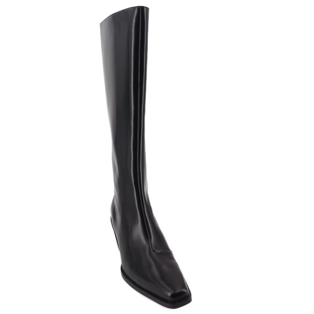 Black tall leather boots with pointed toe and low block heel