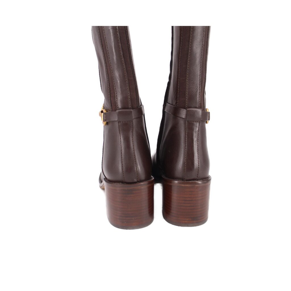 Brown leather boots back view with gold buckle strap and stacked block heel