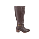 Brown leather knee-high boots with gold buckle strap and mid block heel