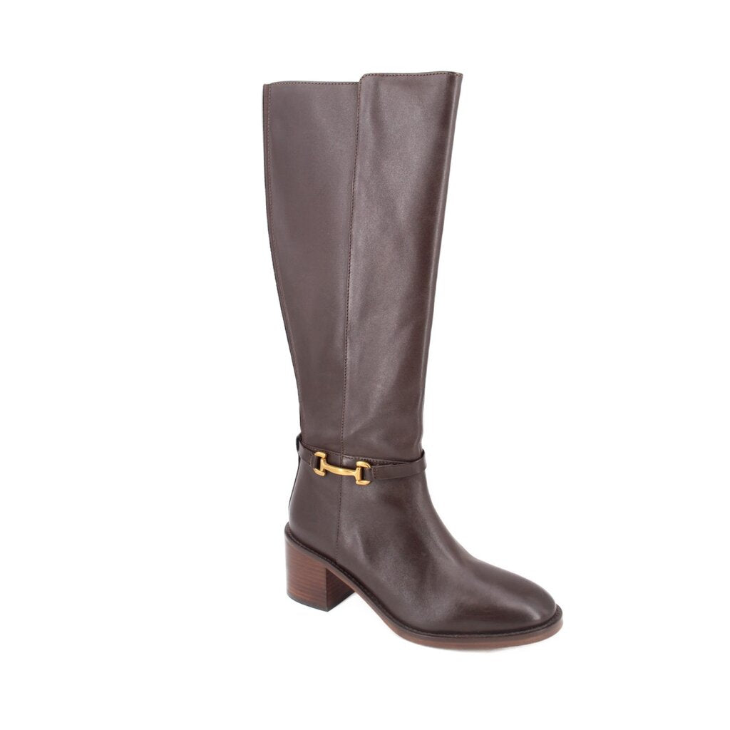 Brown leather tall boots with gold buckle strap and stacked mid block heel