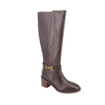 Brown leather tall boots with gold buckle strap and stacked mid block heel