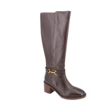 Brown leather tall boots with gold buckle strap and stacked mid block heel