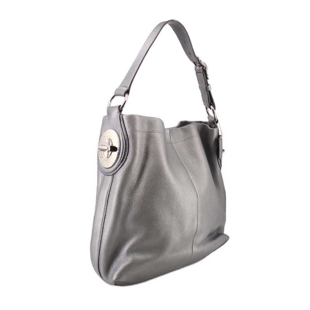 Silver leather hobo bag with round front logo plaque and shoulder strap