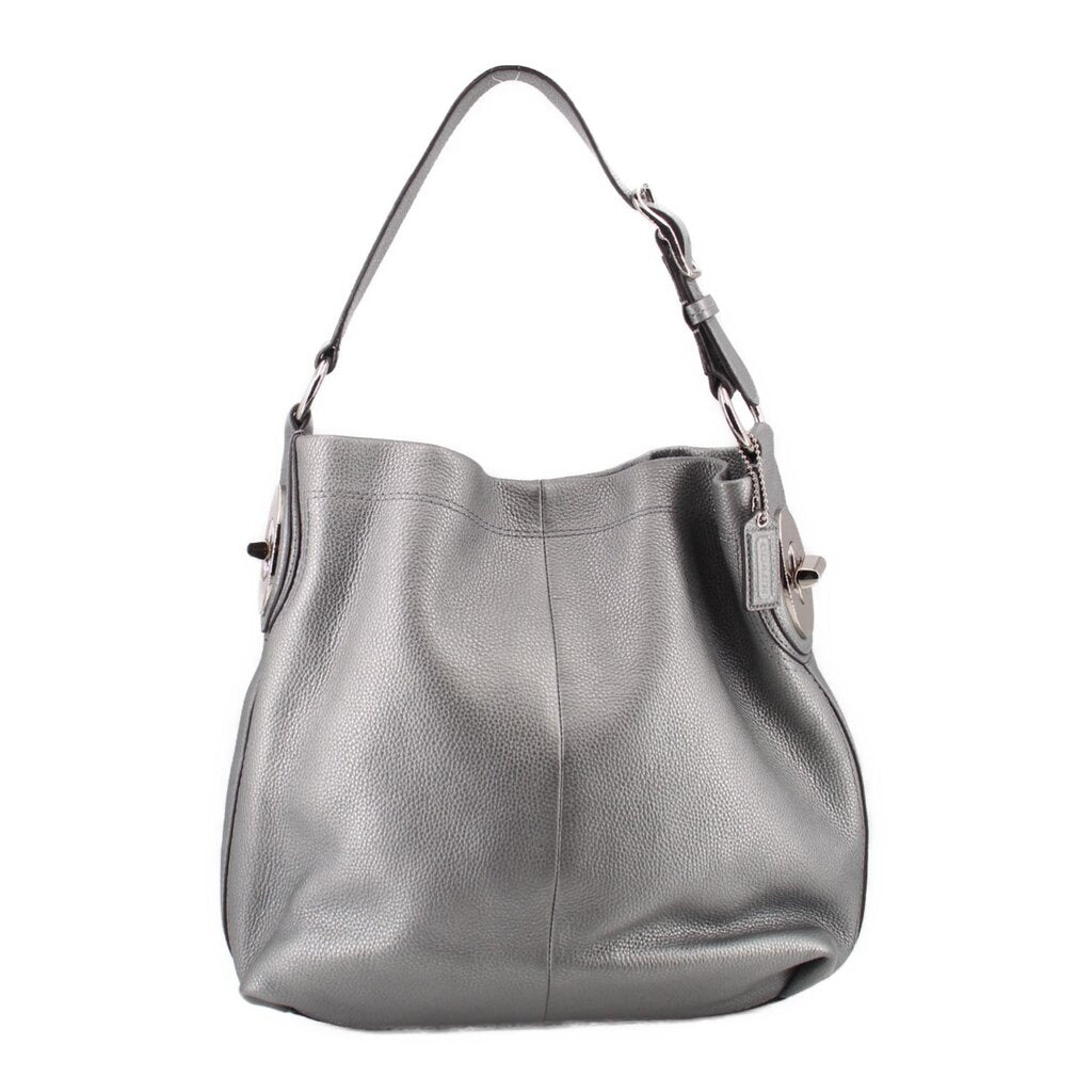 Silver leather hobo bag with curved top handles and side buckles