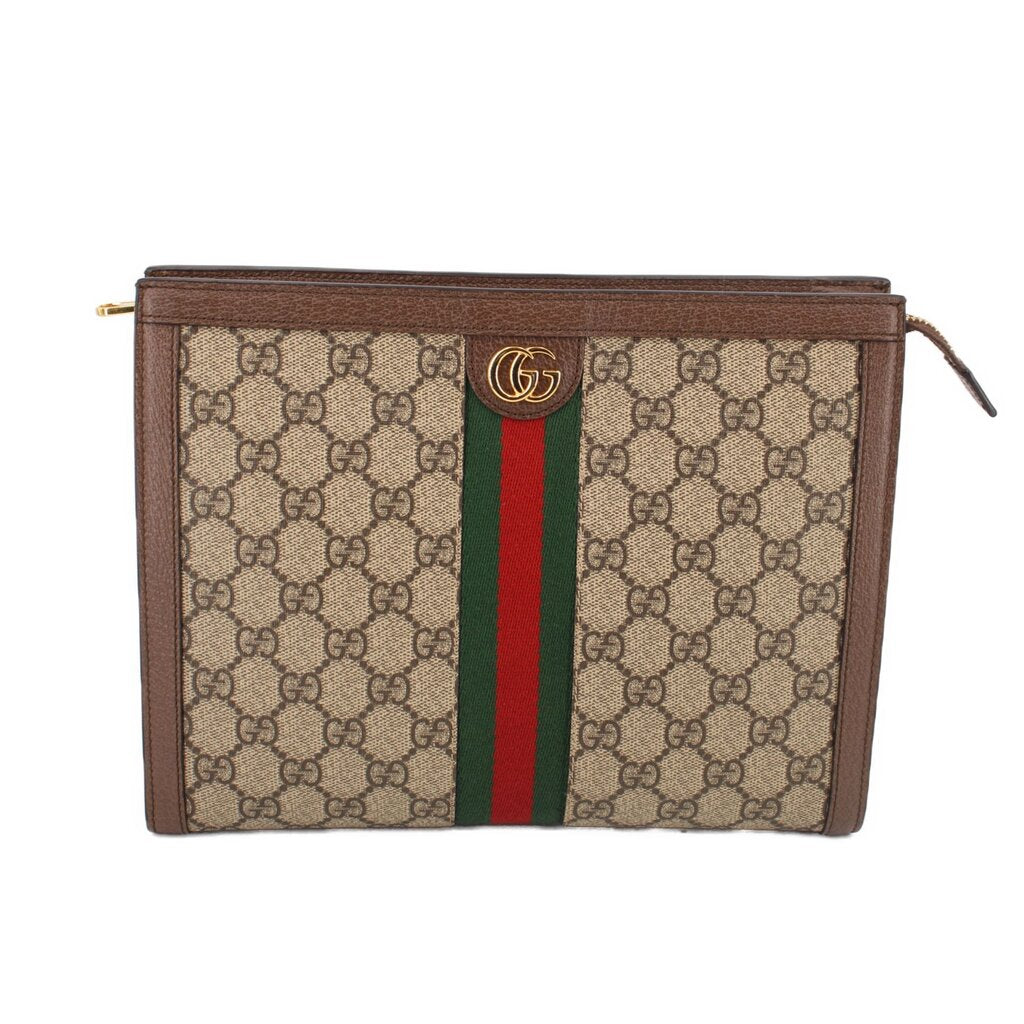 GUCCI Ophidia brown GG canvas pouch with green and red web stripe, zipper top