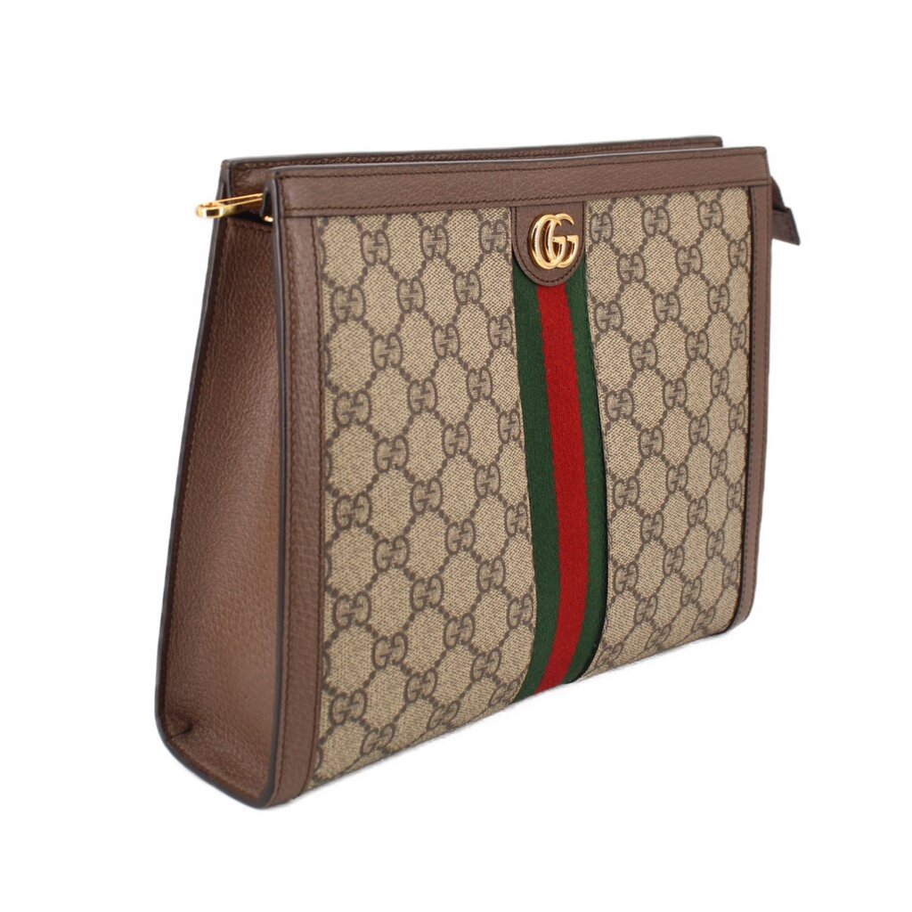 GUCCI Ophidia pouch angled view, brown leather sides and GG canvas with web stripe