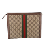 GUCCI Ophidia pouch front view in GG canvas with green and red stripe panel