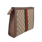 GUCCI Ophidia pouch side view, brown leather flap and GG canvas web stripe
