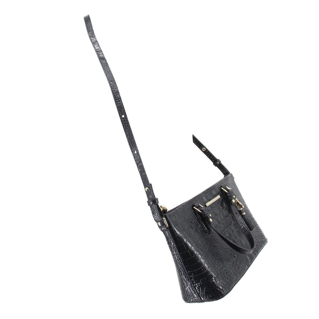 Black croc-embossed mini satchel on a long crossbody strap with gold hardware
