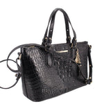 Black croc-embossed mini satchel bag with top handles, crossbody strap, gold-tone hardware