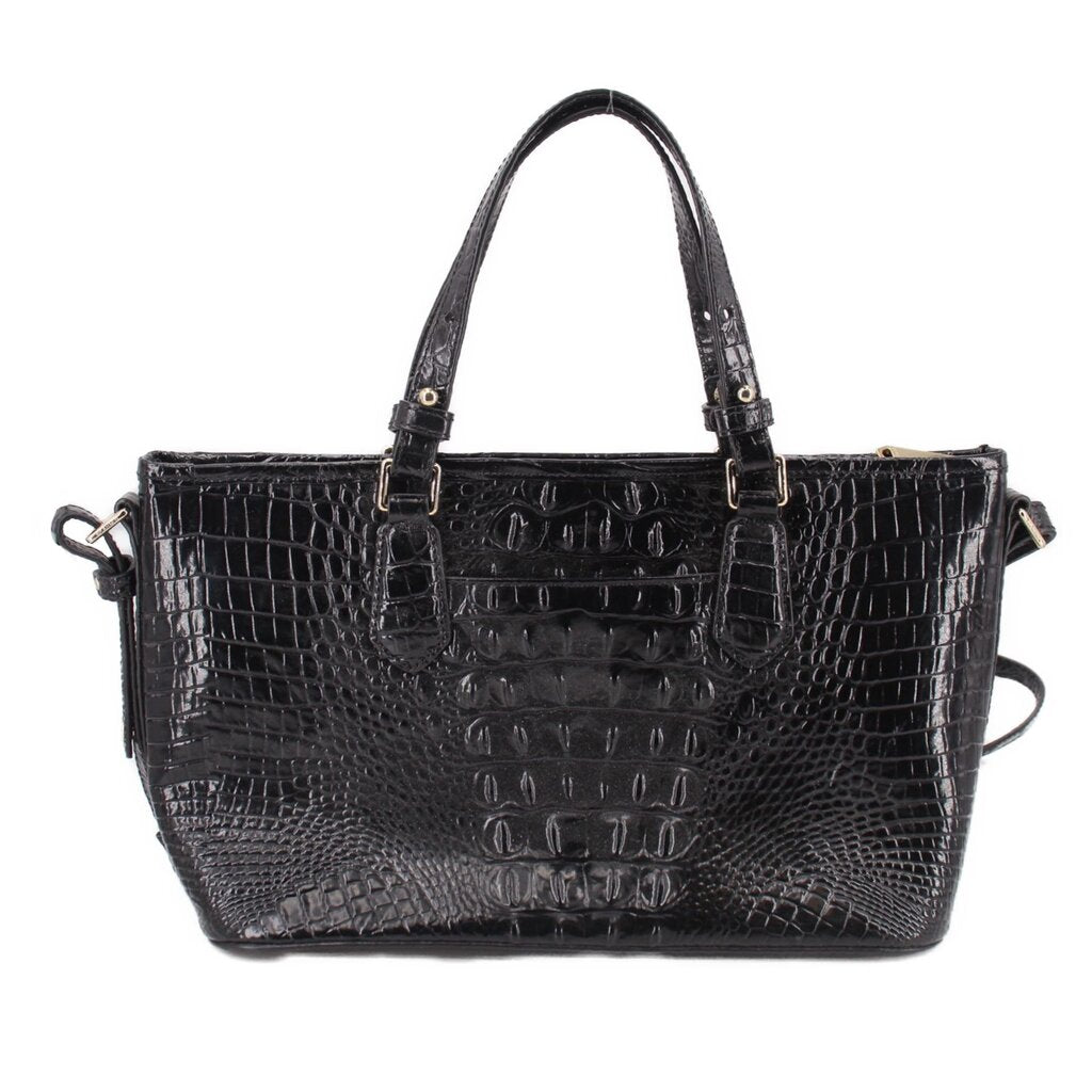 Black croc-embossed mini satchel with structured top, dual handles, gold accents