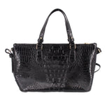 Black croc-embossed mini satchel with structured top, dual handles, gold accents