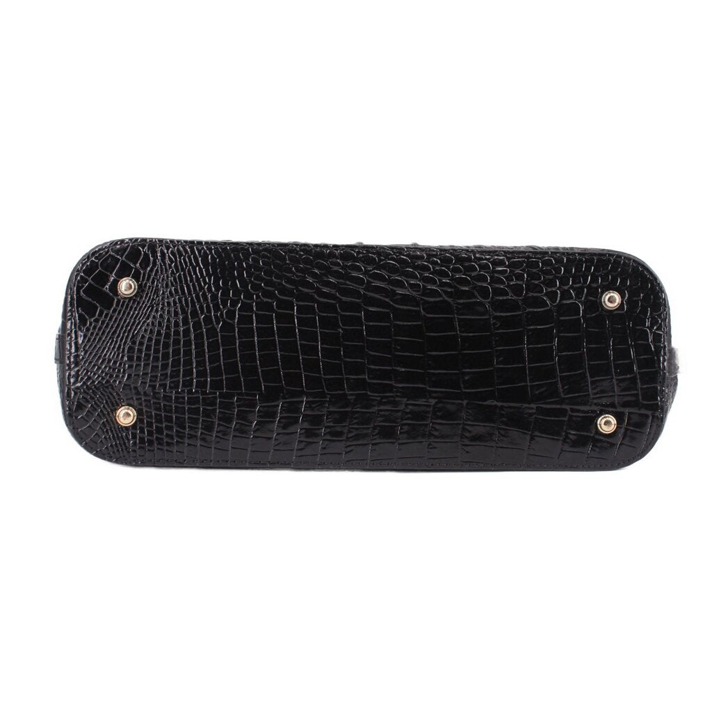 Black croc-embossed satchel base with snap studs along the top edge