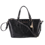Black croc-embossed mini satchel with top handles, crossbody strap, gold hardware and charm