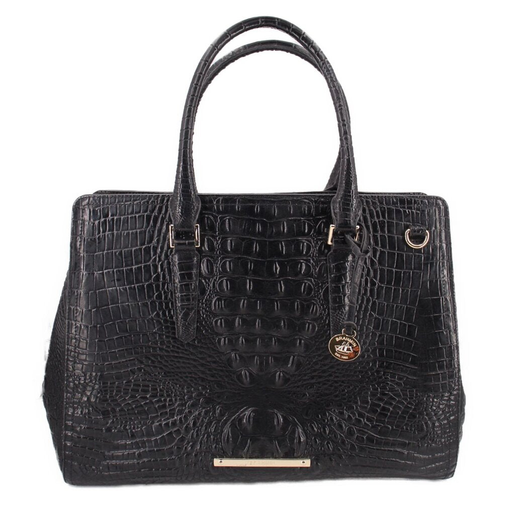 BRAHMIN black croc-embossed carryall tote with double handles and gold hardware