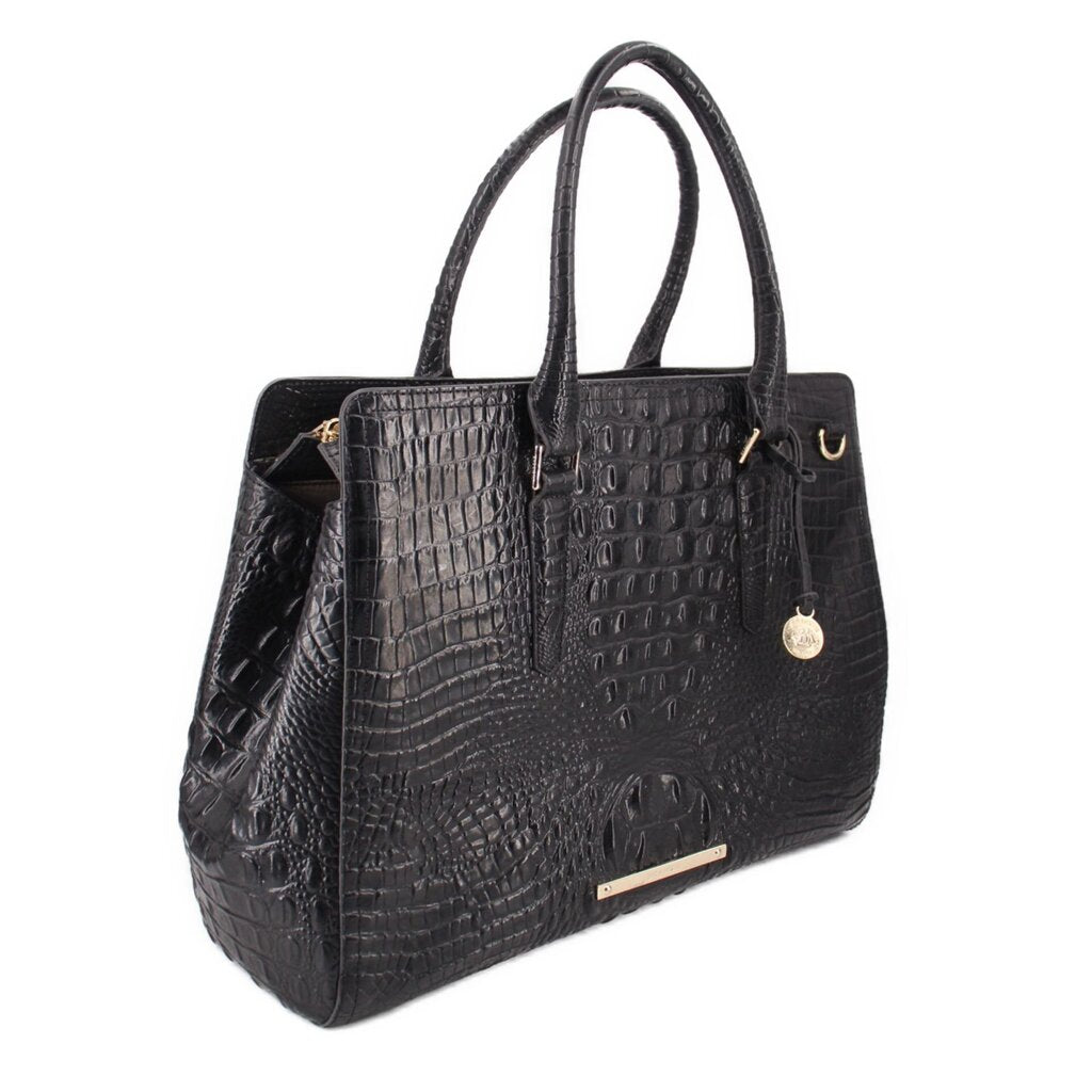 BRAHMIN black croc-embossed tote bag with structured silhouette and gold hardware