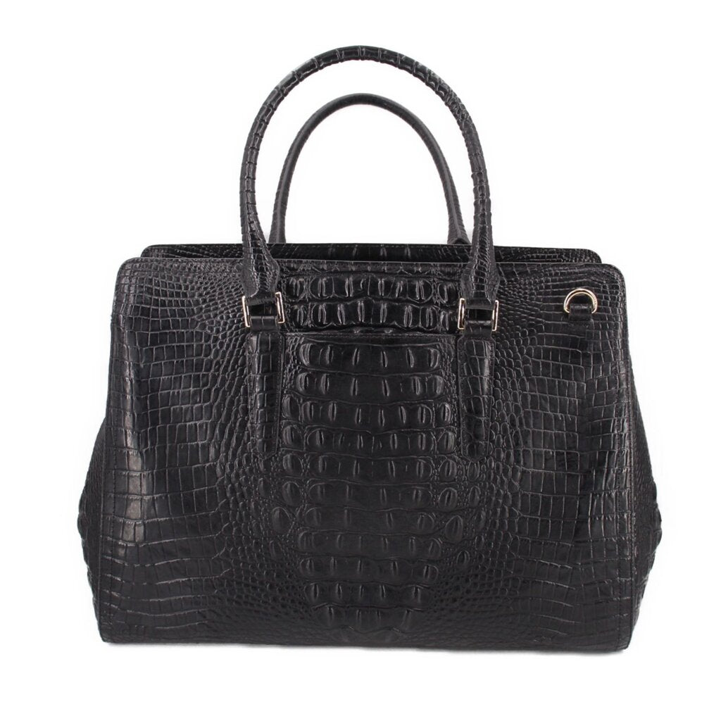 BRAHMIN black croc-embossed tote with top handles, front keychain tag, and gold accents