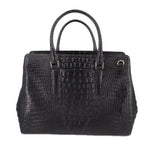 BRAHMIN black croc-embossed tote with top handles, front keychain tag, and gold accents