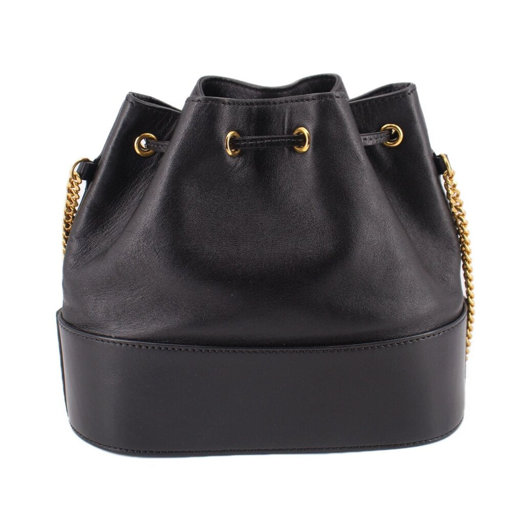 Black mini bucket crossbody bag with drawstring top and smooth front panel