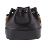 Black mini bucket crossbody bag with drawstring top and smooth front panel