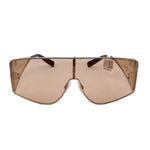 Shield sunglasses with brown tinted lenses and dark brown frame, front view