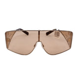 Shield sunglasses with brown tinted lenses and dark brown frame, front view